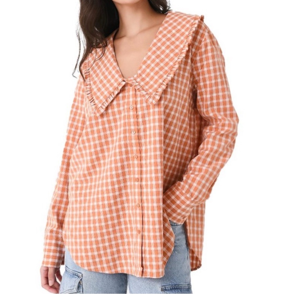English Factory Check Ruffled Collar Shirt size‎ small Orange